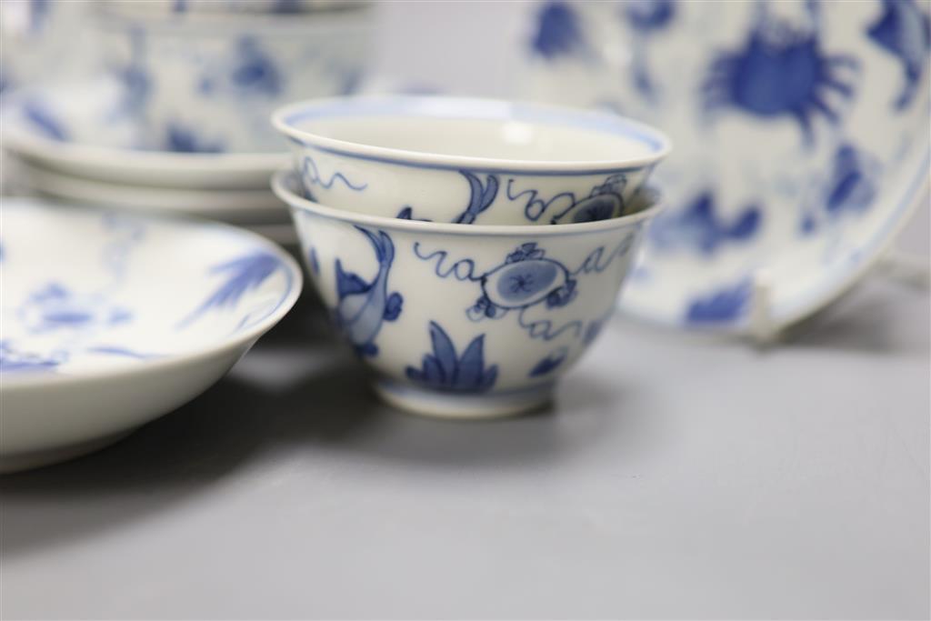 Six Chinese blue and white Sea creatures teabowls and saucers